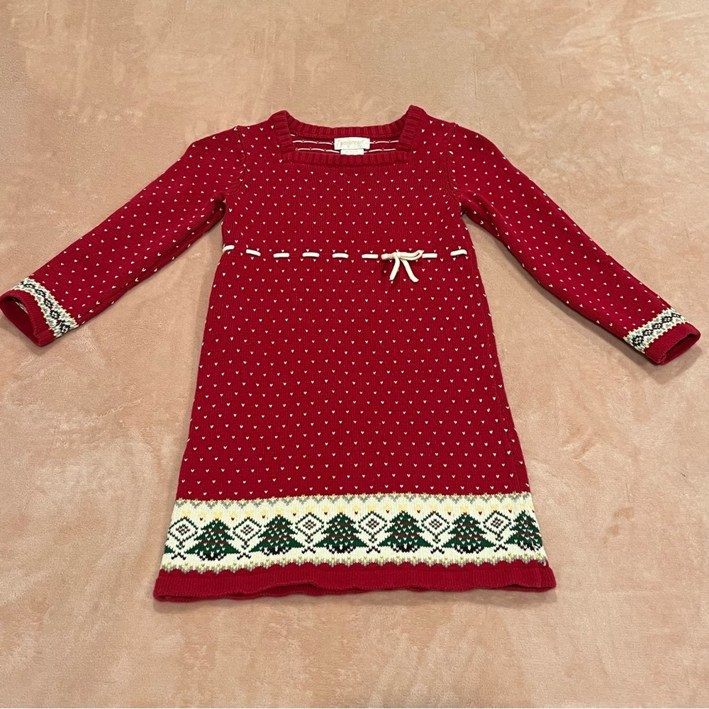 Savannah Girls’ Red Knit Christmas Tree Sweater Dress with Festive Patterns
